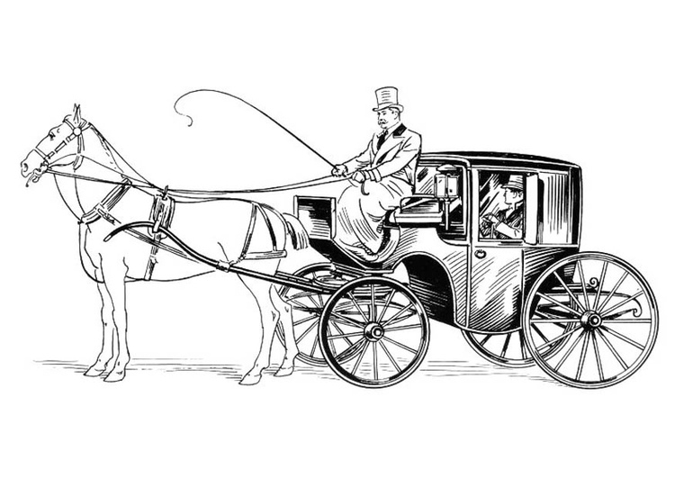Página para colorir carruagem com cocheiro e cavalo 