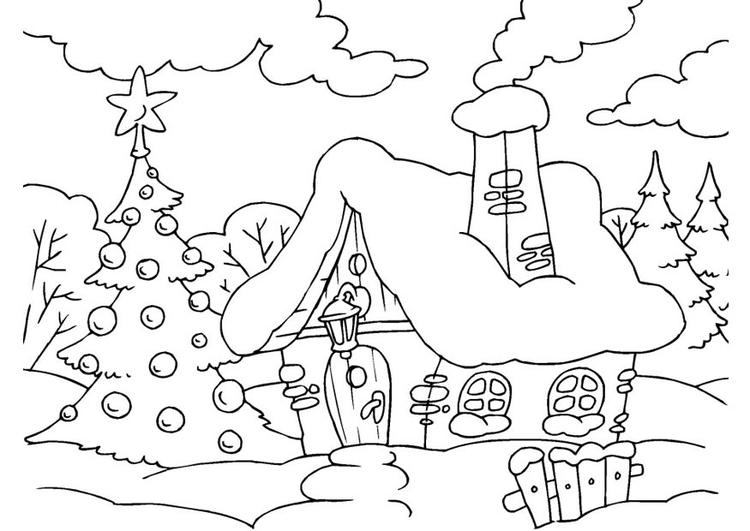 Página para colorir casa em paisagem de Natal