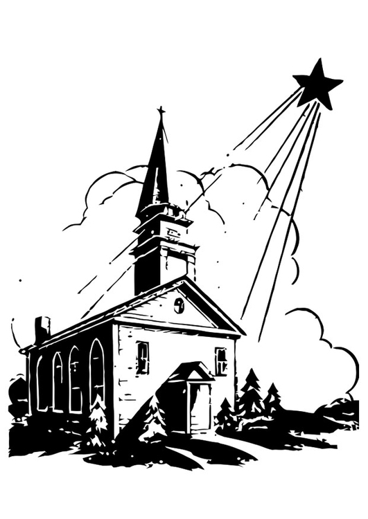 Página para colorir igreja com a estrela de Natal 
