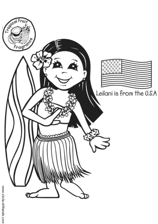 Página para colorir Leilani com a bandeira dos Estados Unidos
