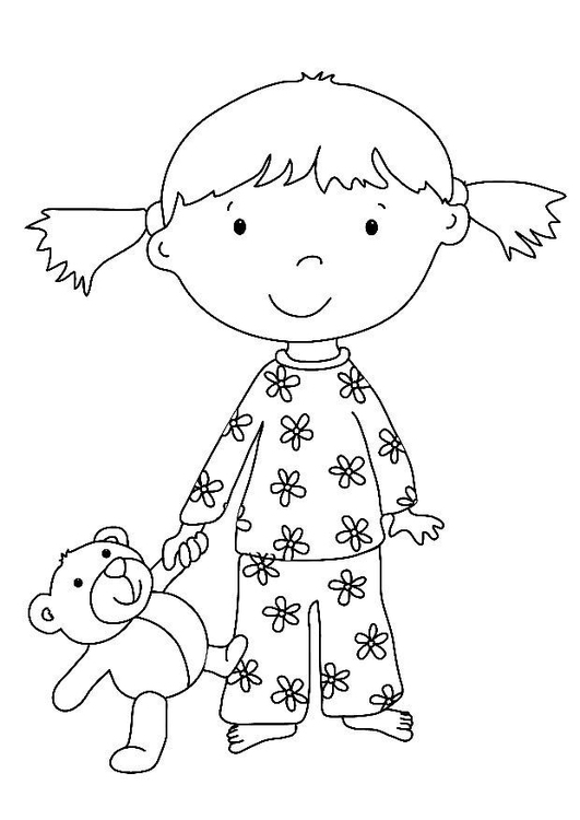 Página para colorir menina com seu ursinho