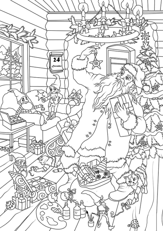 Página para colorir Papai Noel e duendes escolhem pacotes