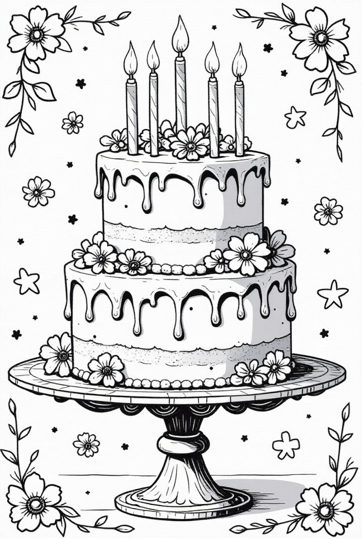 Página para colorir bolo de aniversÃ¡rio