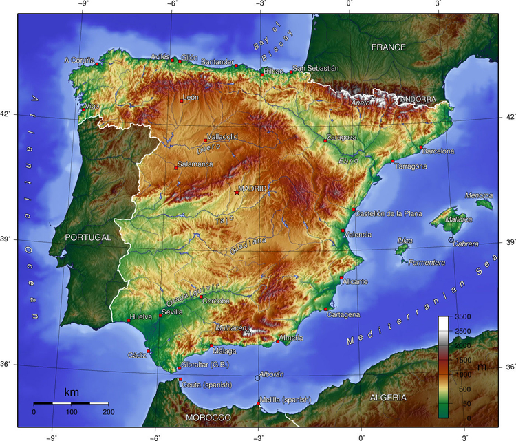 imagem mapa topogrÃ¡fico da Espanha 