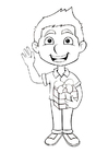 Página para colorir menino com um presente