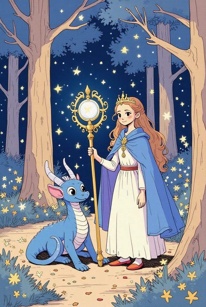 princesa na floresta mágica com dragão
