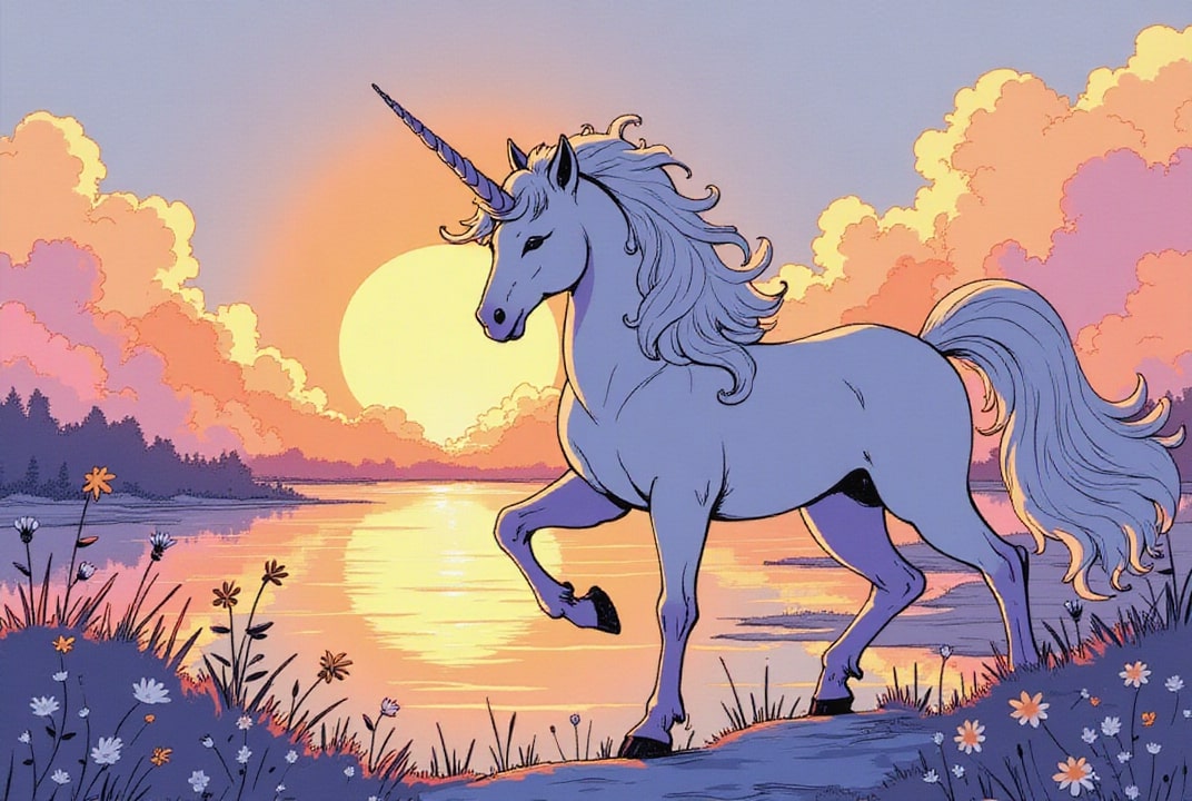 unicórnio ao pôr do sol