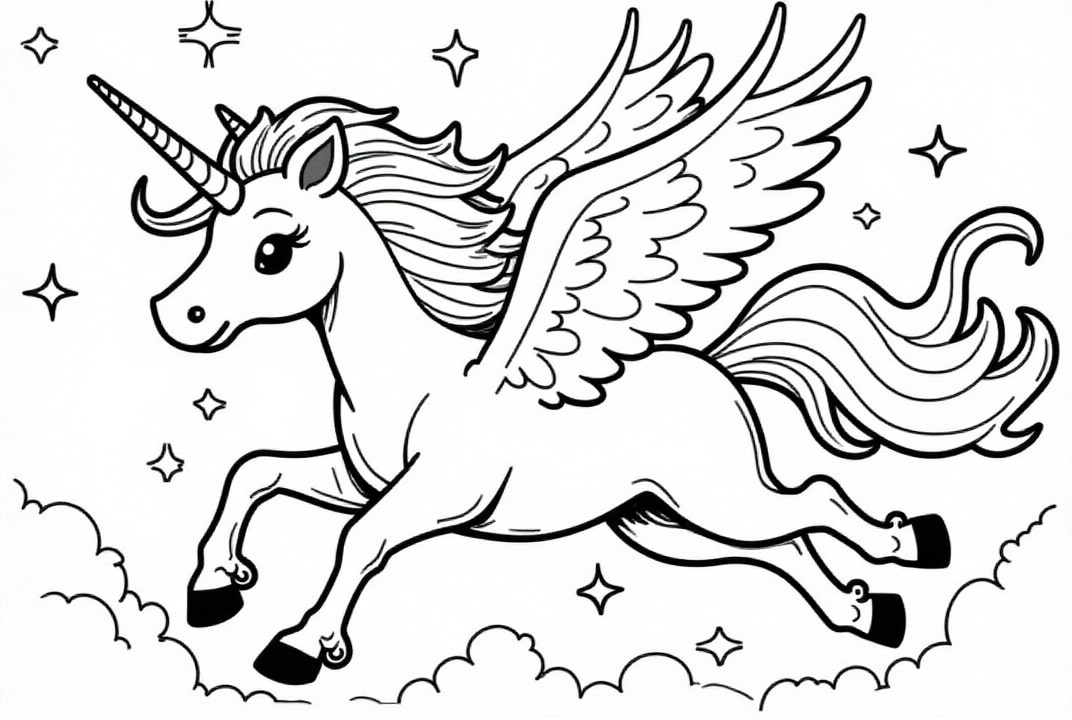 Página para colorir unicórnio na noite estrelada