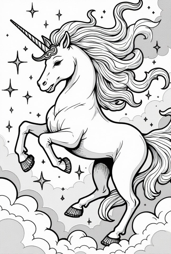 Página para colorir unicórnio na noite mágica
