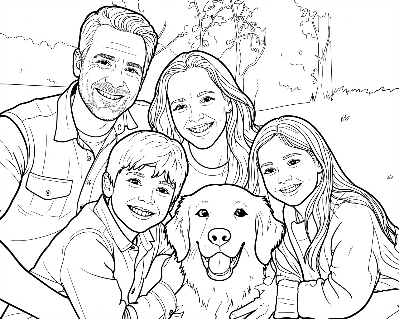 A mesma foto transformada num desenho para colorir com contornos pretos