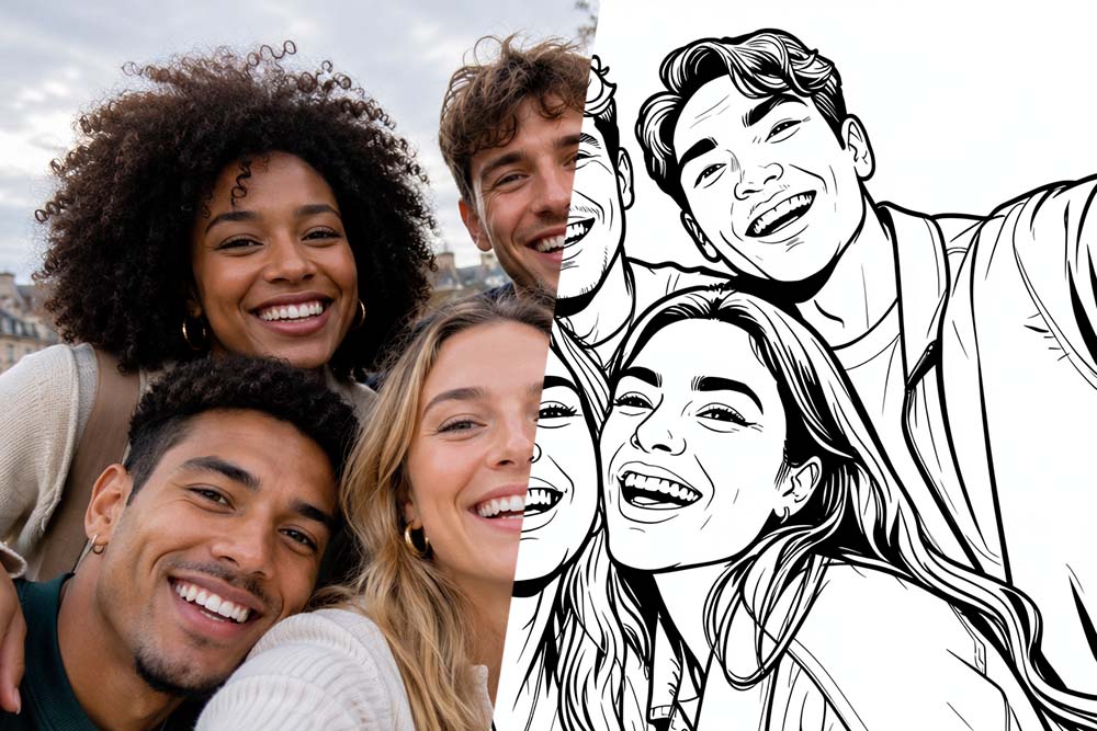 Foto de grupo com amigos transformada num desenho para colorir
