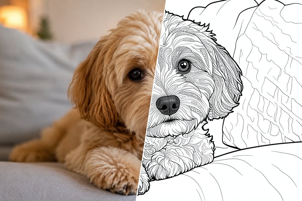 Foto de um cão transformada num desenho para colorir