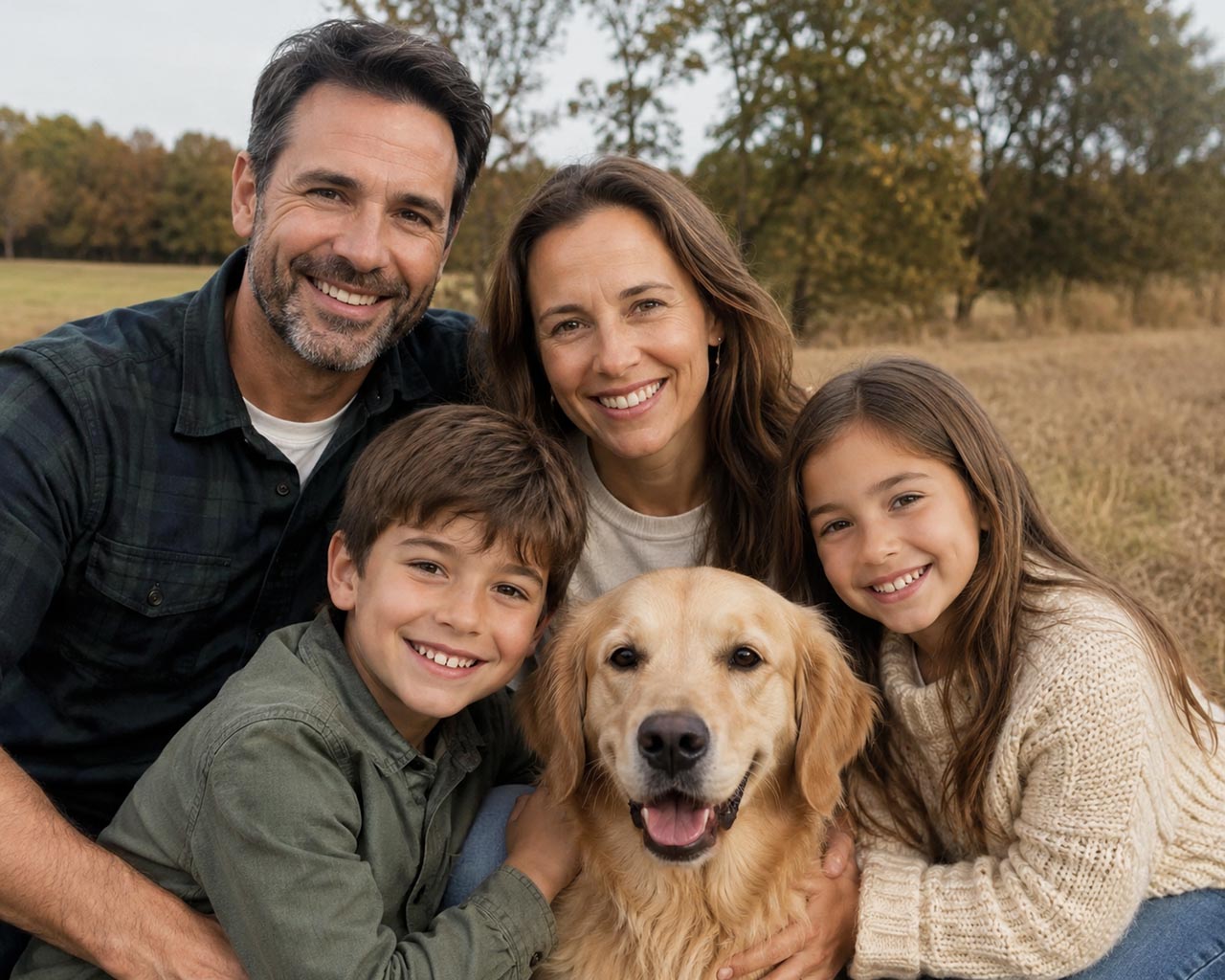 Foto a cores original de uma família com um cão