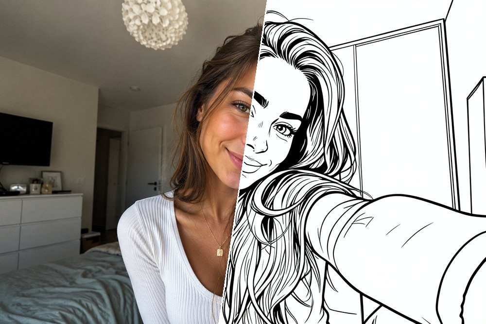 Selfie transformada num desenho para colorir