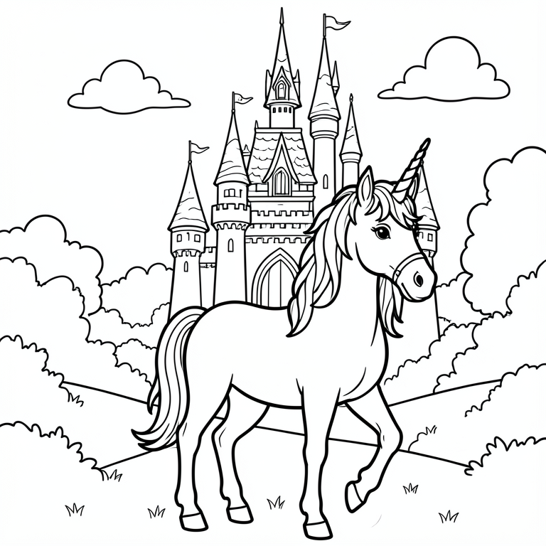 Desenho para colorir unicórnio e castelo