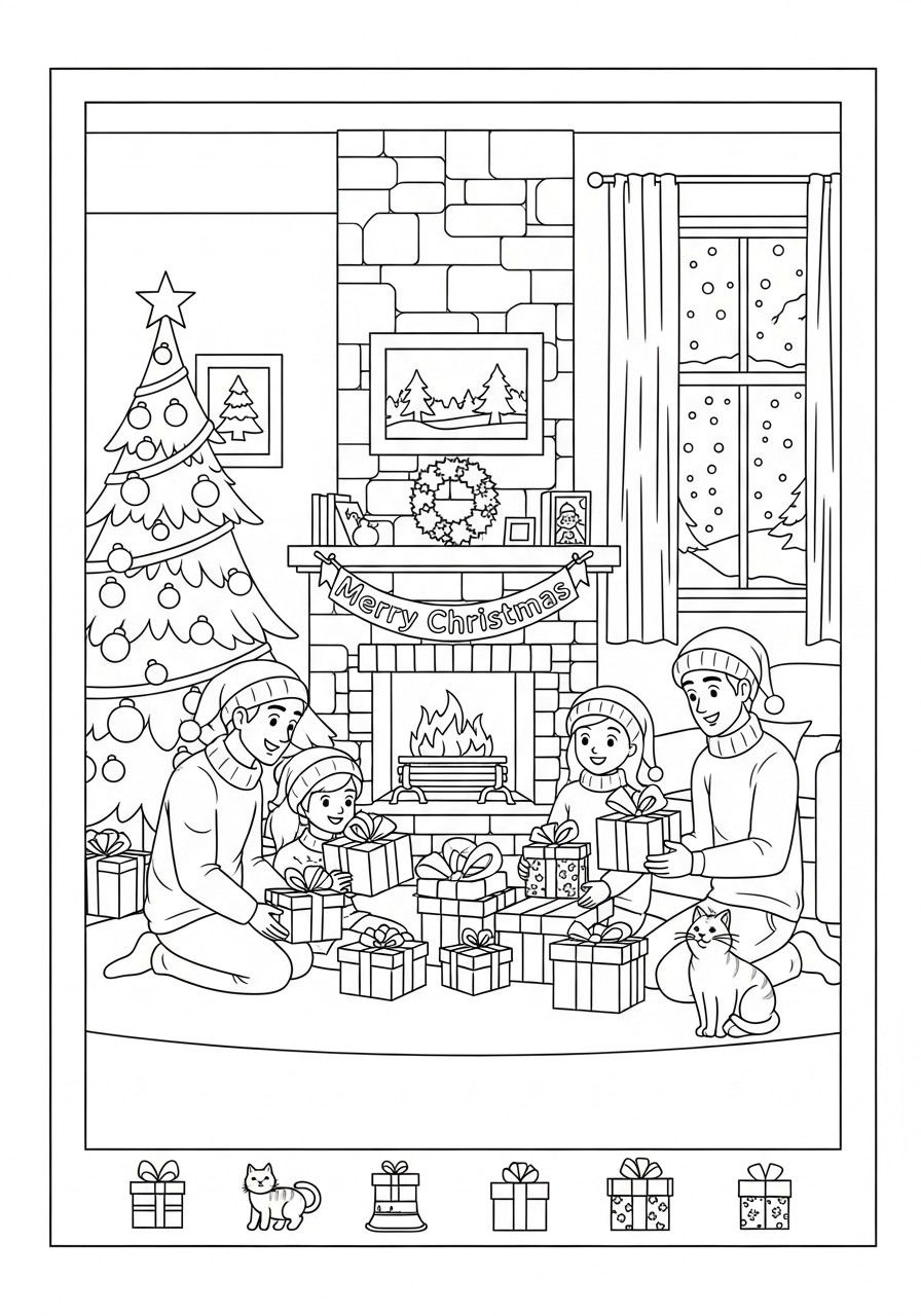 abrindo presentes em casa no natal Página para colorir abrindo presentes em casa no natal