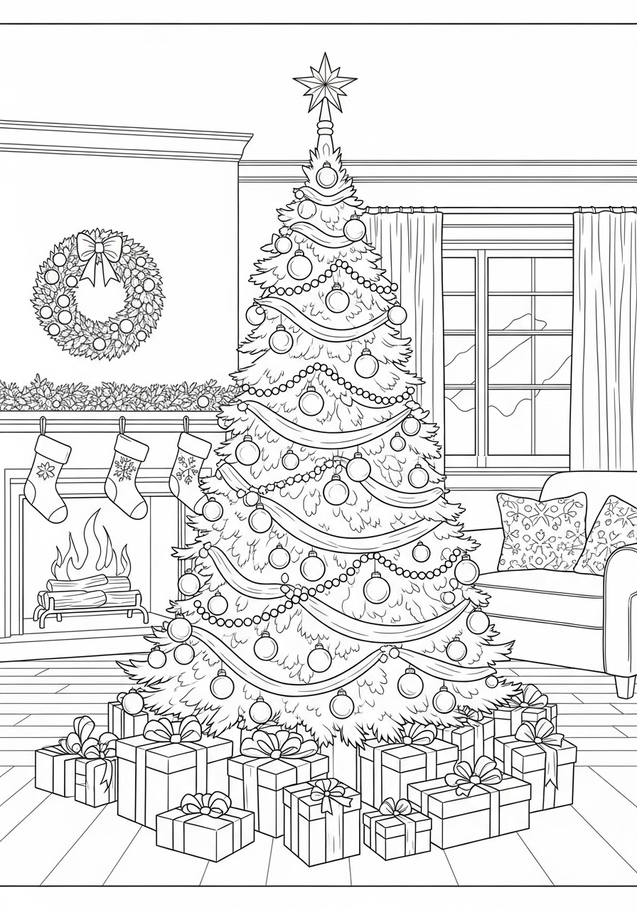 Arvore de natal com presentes Página para colorir Arvore de natal com presentes