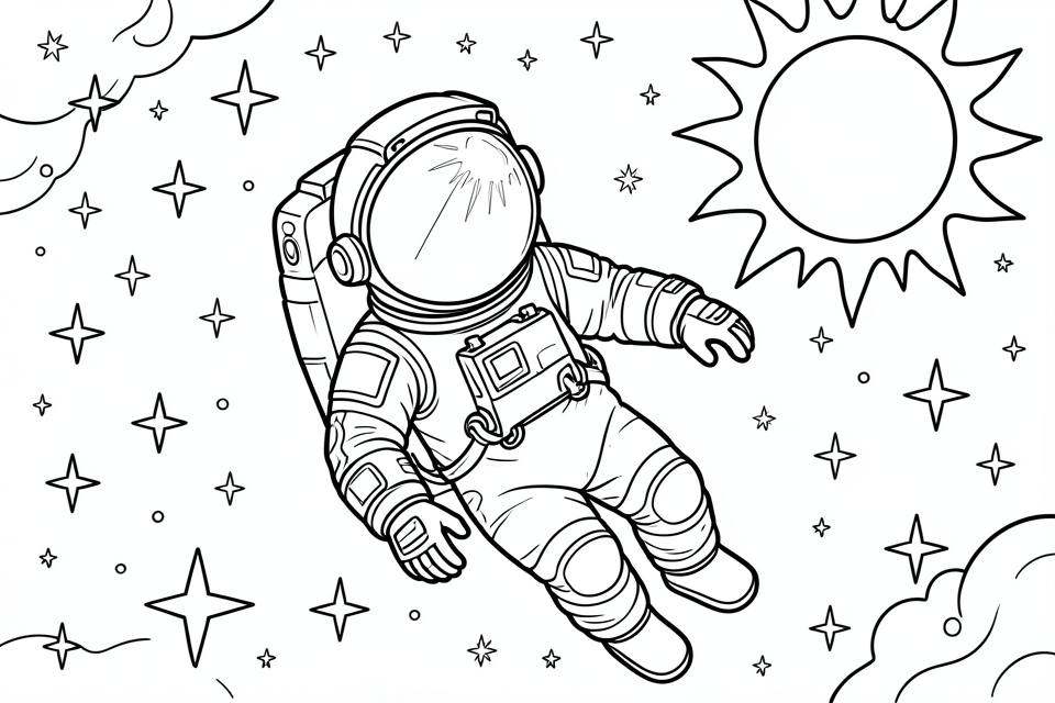 astronauta no espaA§o com estrelas e o sol Página para colorir astronauta no espaA§o com estrelas e o sol