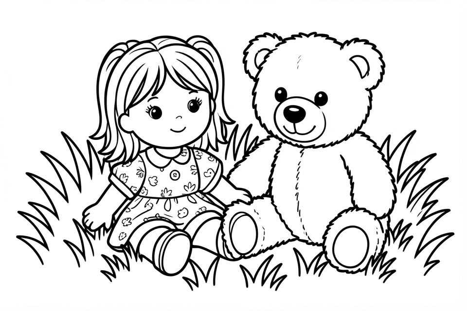 boneca e urso na grama Página para colorir boneca e urso na grama