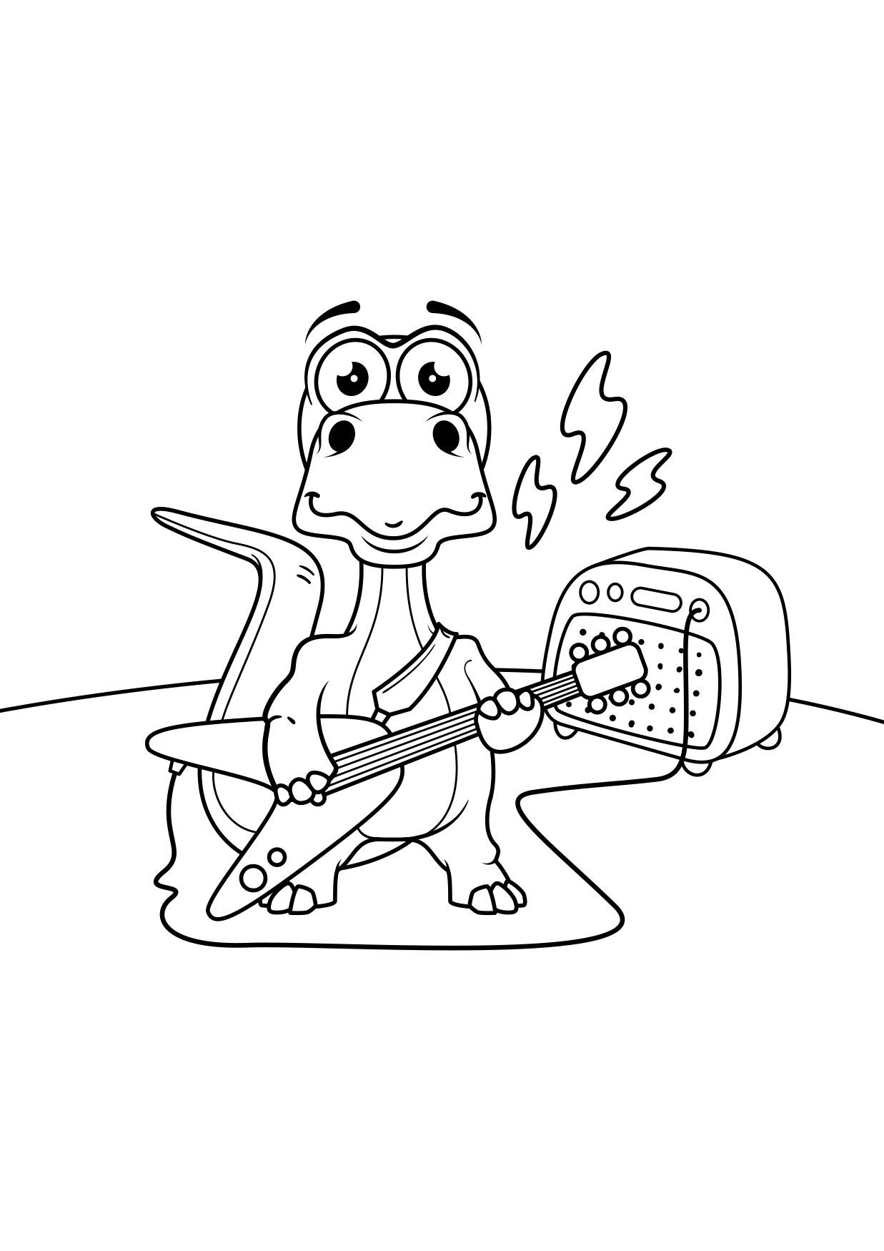 Página para colorir dinossauro toca guitarra