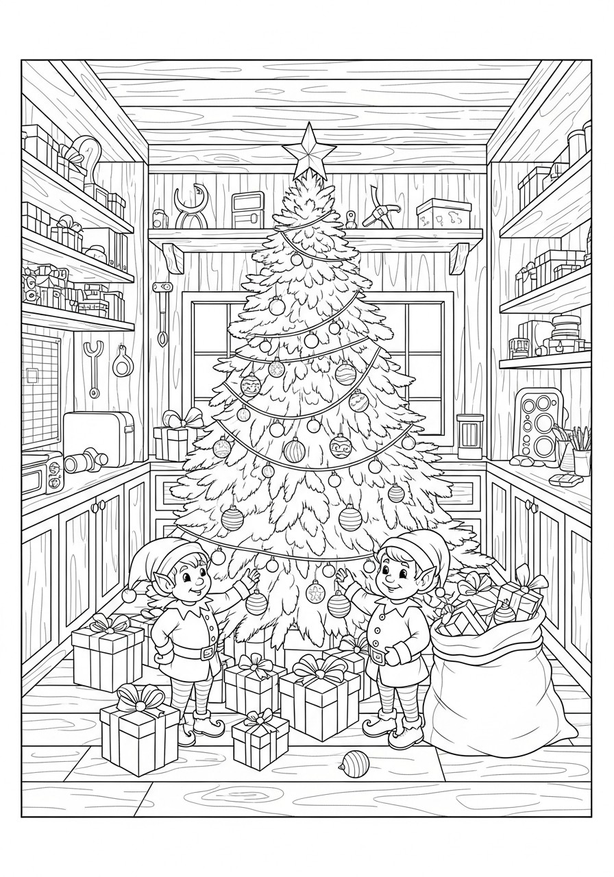 elfos de natal junto A A¡rvore de natal Página para colorir elfos de natal junto A A¡rvore de natal