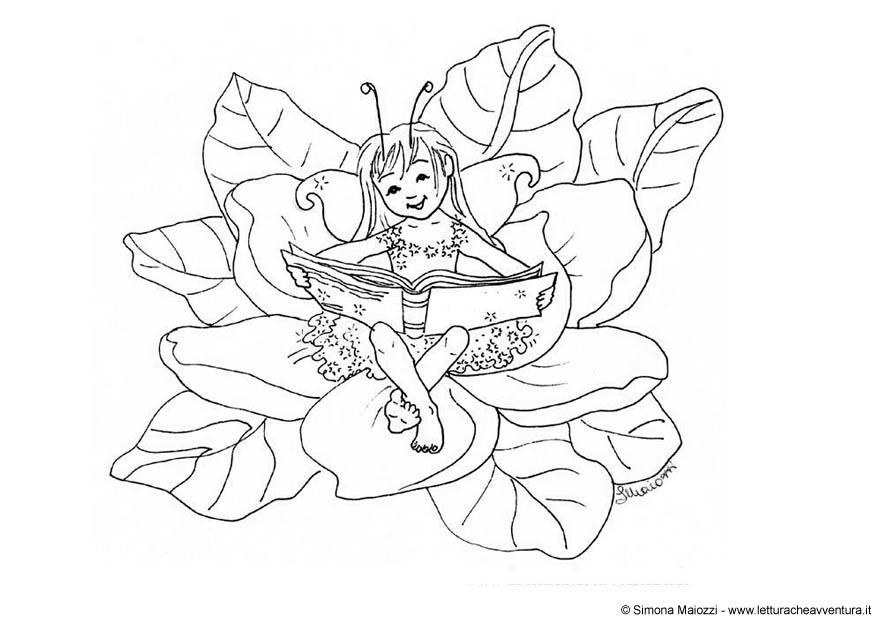 fada com um livro Página para colorir fada com um livro