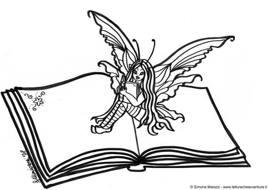 fada no livro Página para colorir fada no livro