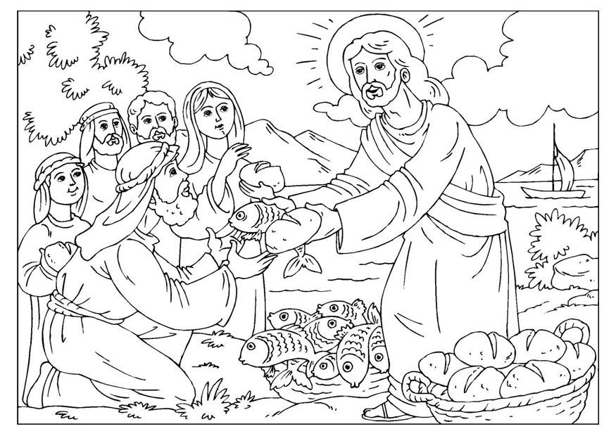 Página para colorir jesus reparte o pA£o e os peixes