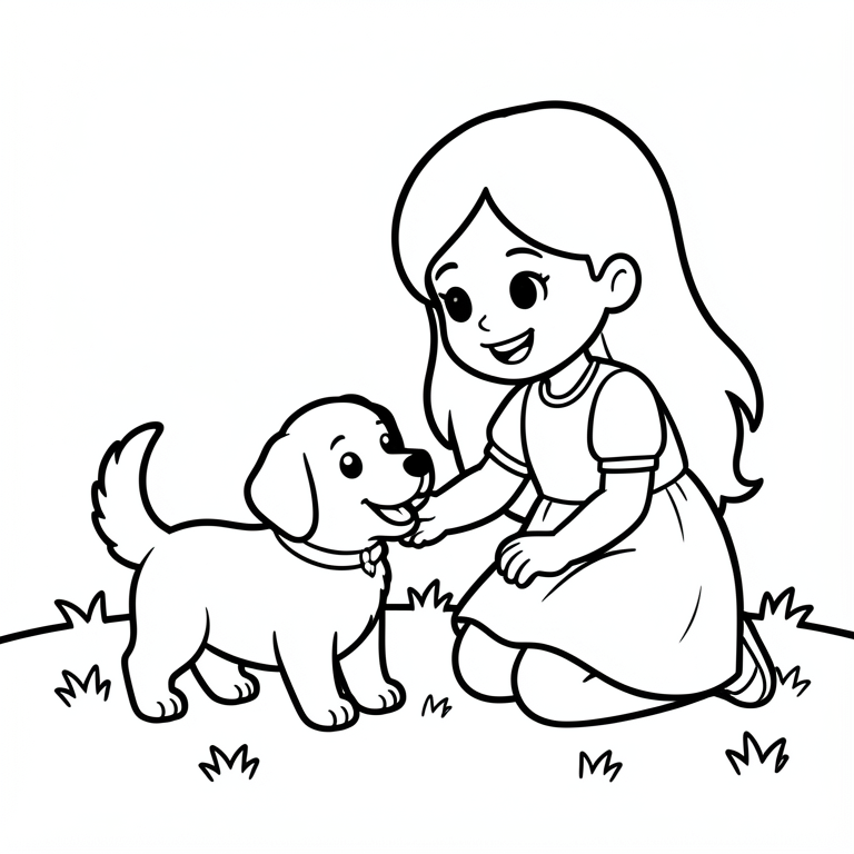 Página para colorir menina brinca com cachorro