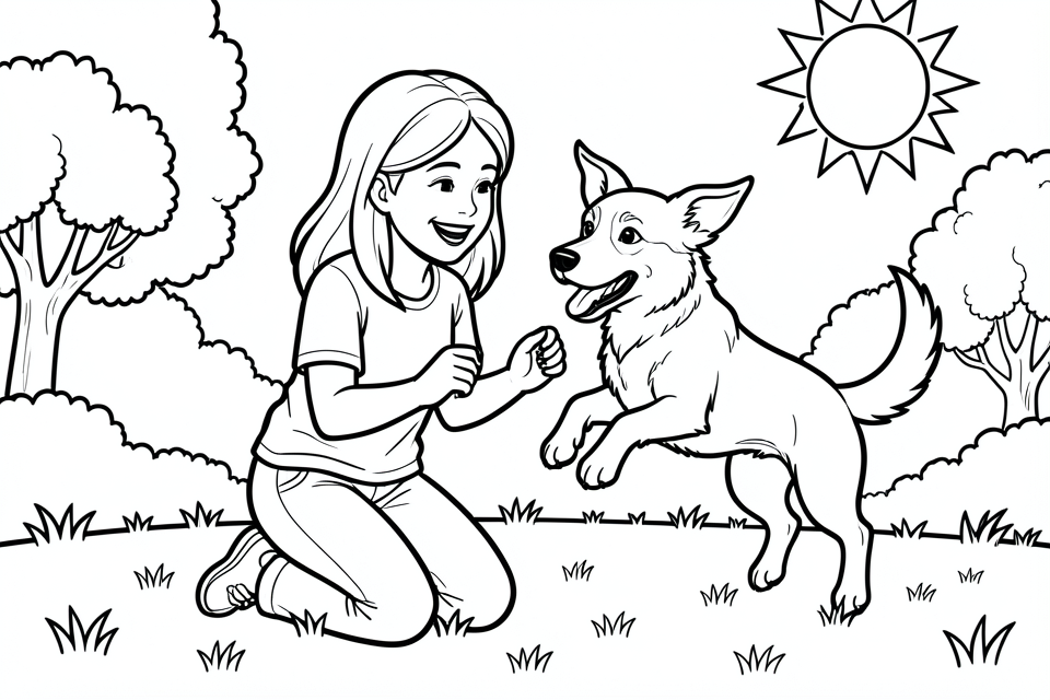 menina brinca com seu cachorro Página para colorir menina brinca com seu cachorro