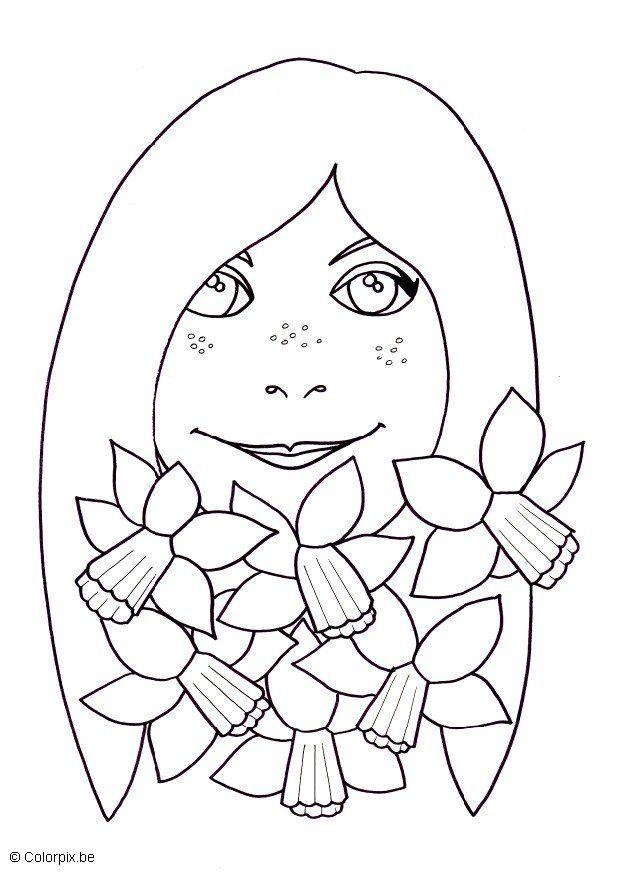 menina com narcisos Página para colorir menina com narcisos