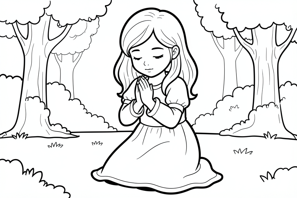 menina rezando na natureza Página para colorir menina rezando na natureza