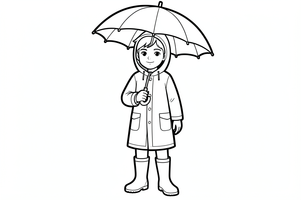 Página para colorir menino com capa de chuva