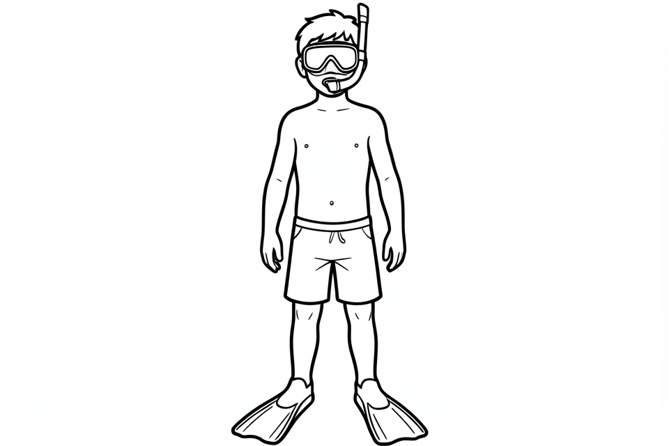 Página para colorir menino com snorkel