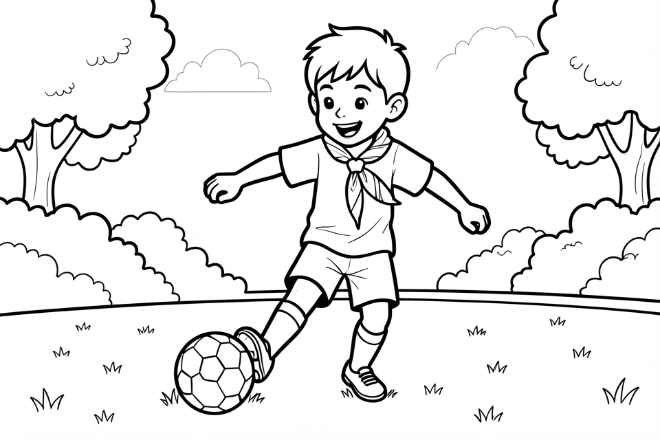 menino joga futebol no parque Página para colorir menino joga futebol no parque