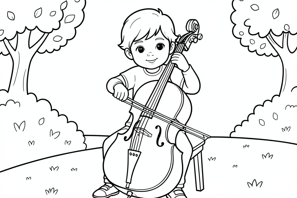 Página para colorir menino toca violoncelo