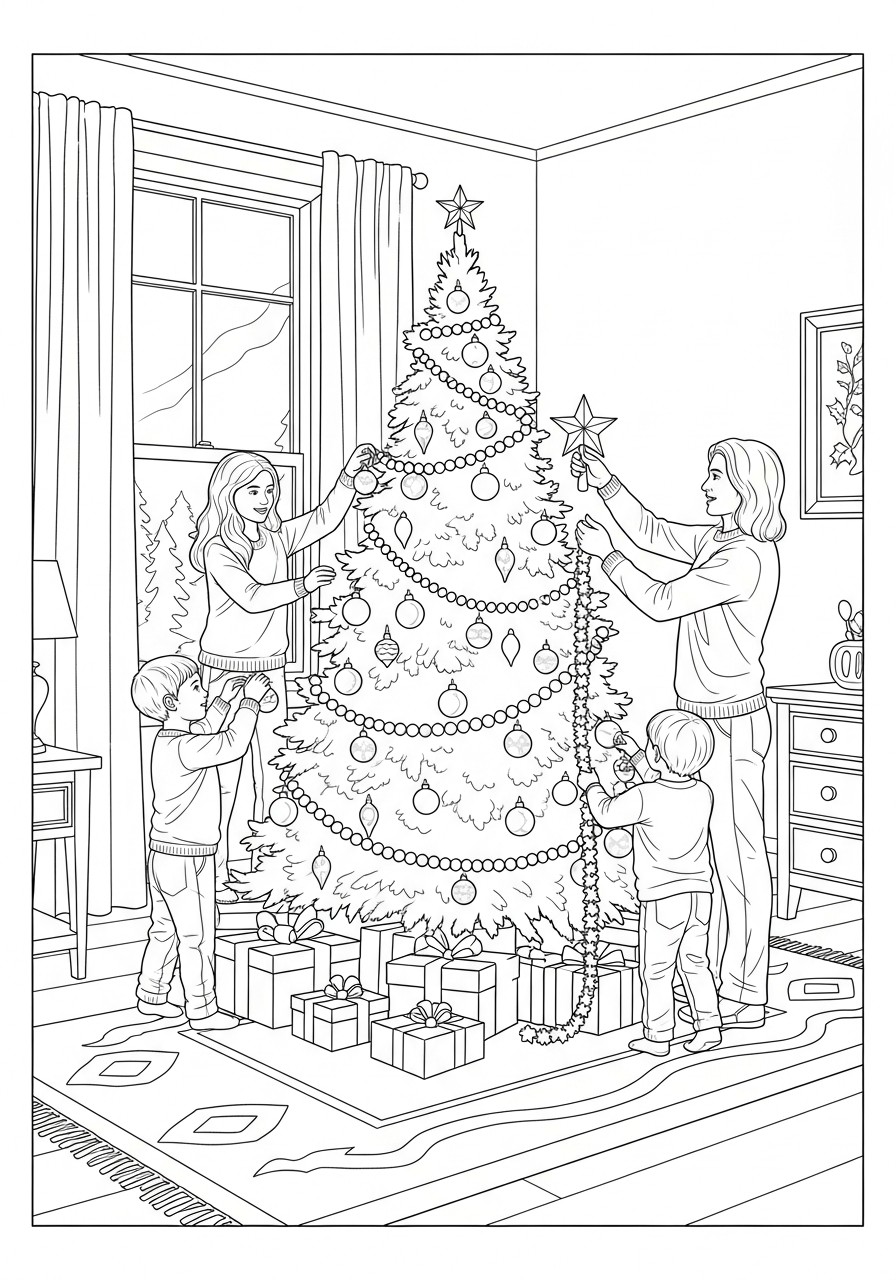 montando a A¡rvore de natal com a famAlia Página para colorir montando a A¡rvore de natal com a famAlia