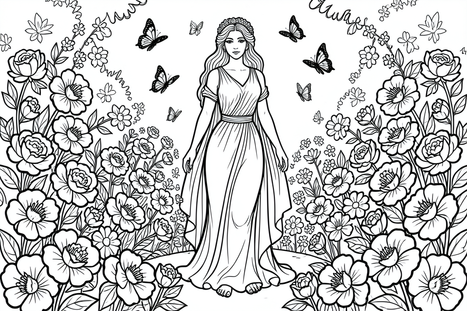 Página para colorir mulher no jardim