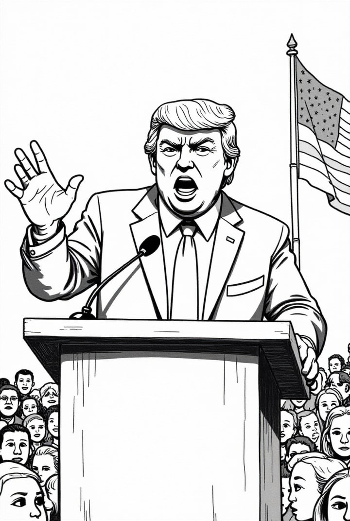 Página para colorir o presidente donald trump discursa para a multidA£o