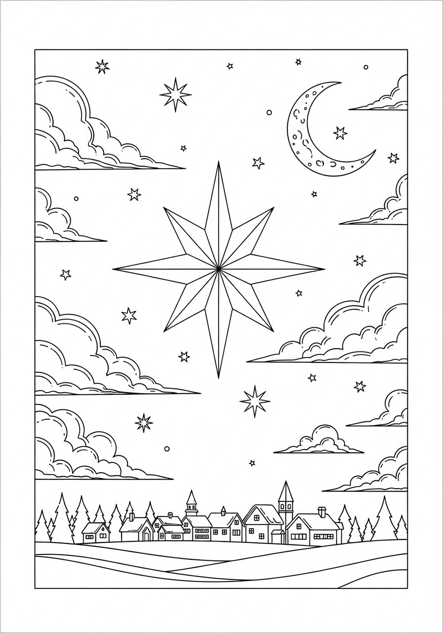 paisagem natalina com estrelas Página para colorir paisagem natalina com estrelas