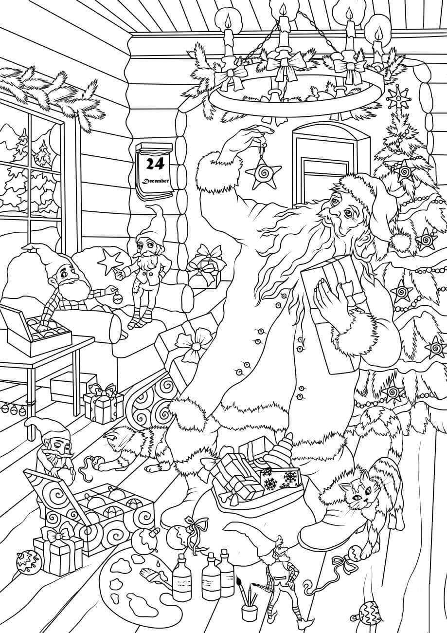 Página para colorir papai noel e duendes escolhem pacotes