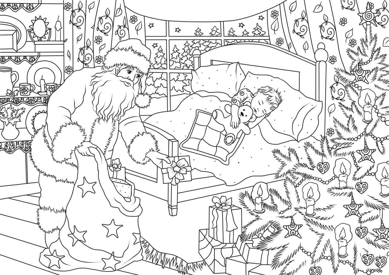 Página para colorir papai noel traz presentes