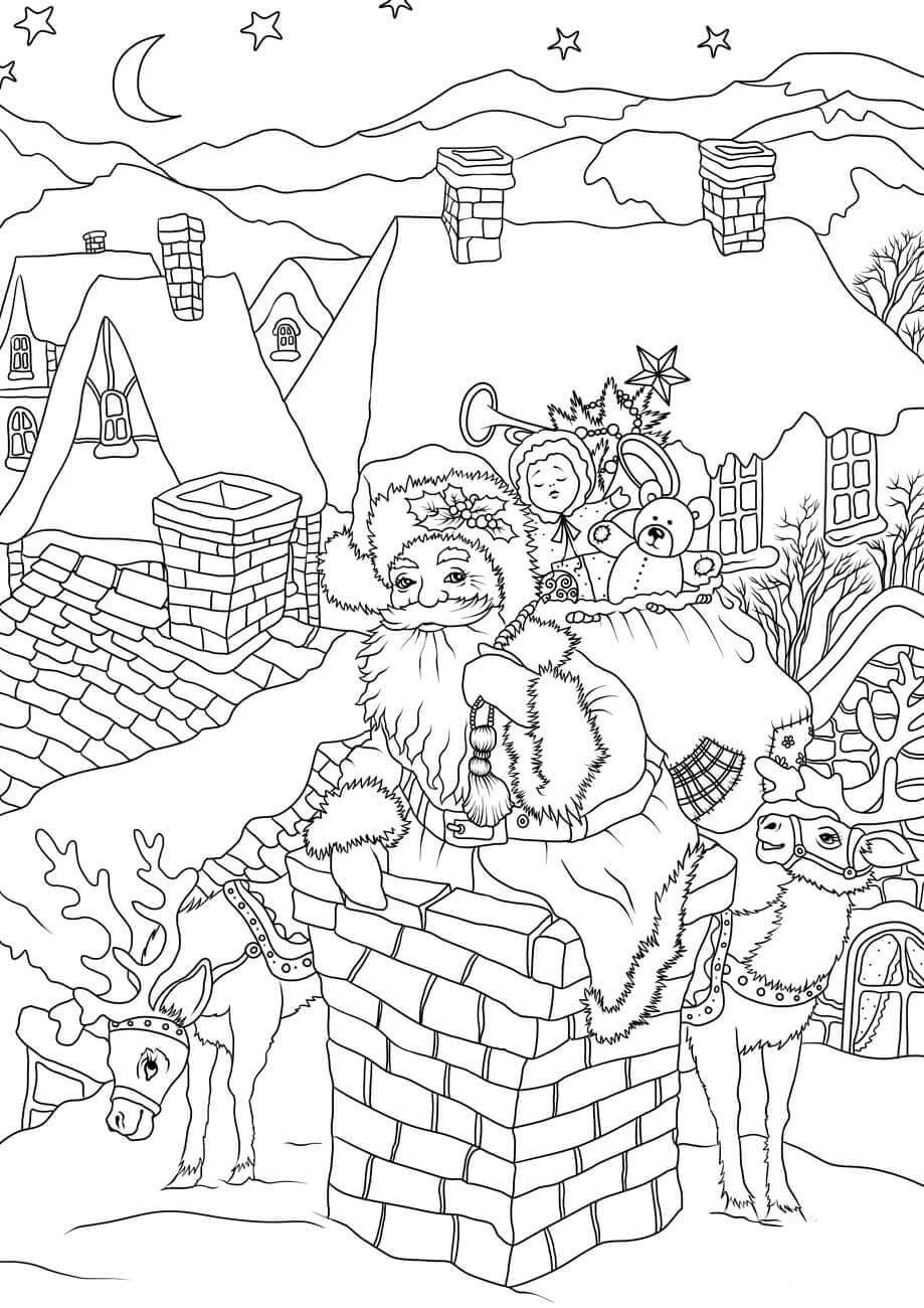 Página para colorir papai noel traz presentes