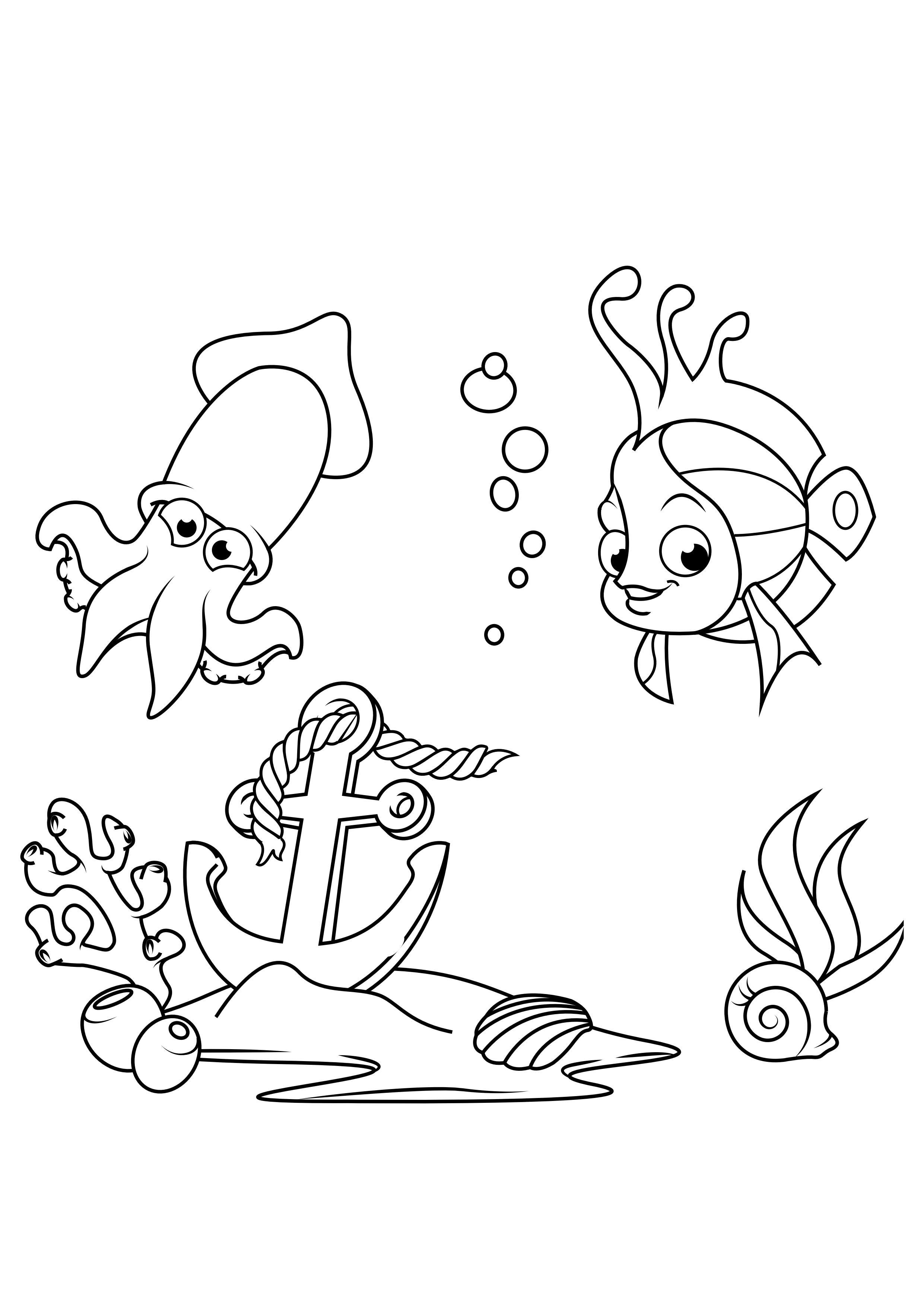 peixe e lula Página para colorir peixe e lula
