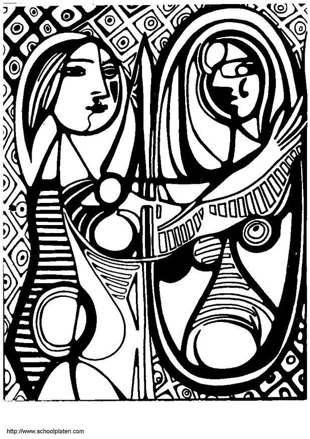 Página para colorir picasso - menina na frente do espelho