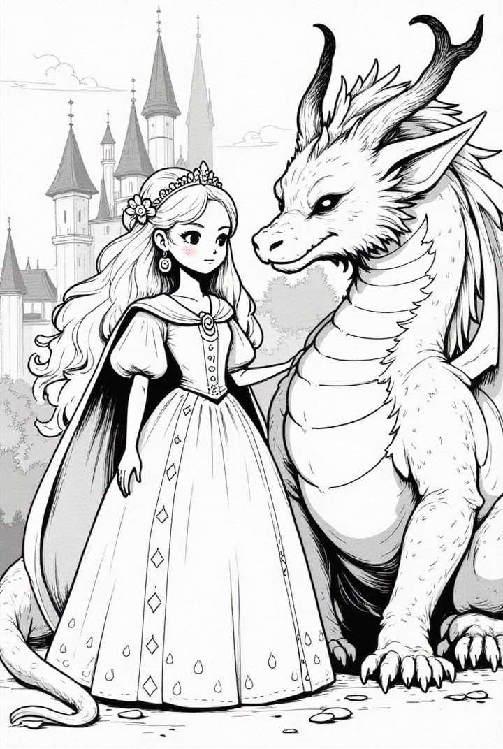 princesa corajosa com seu dragA£o Página para colorir princesa corajosa com seu dragA£o