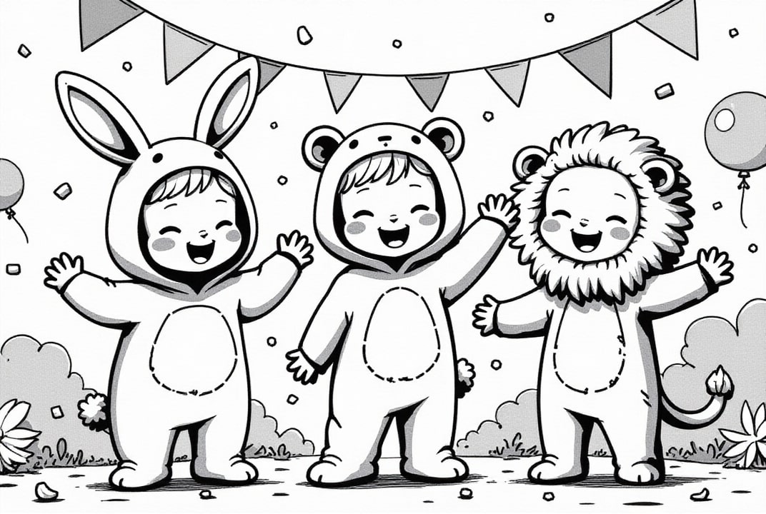 Página para colorir carnaval com o leA£o, o coelho e o urso