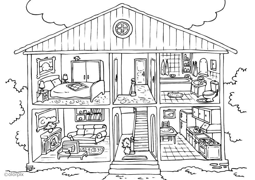 Página para colorir casa - interior 