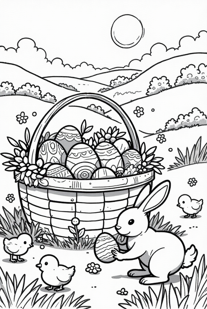 Página para colorir coelhinho da pA¡scoa com cesta de pA¡scoa