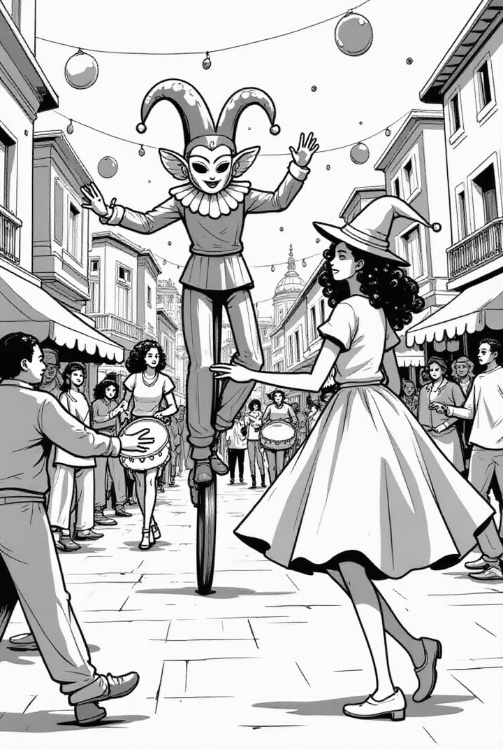Página para colorir festa de carnaval na cidade